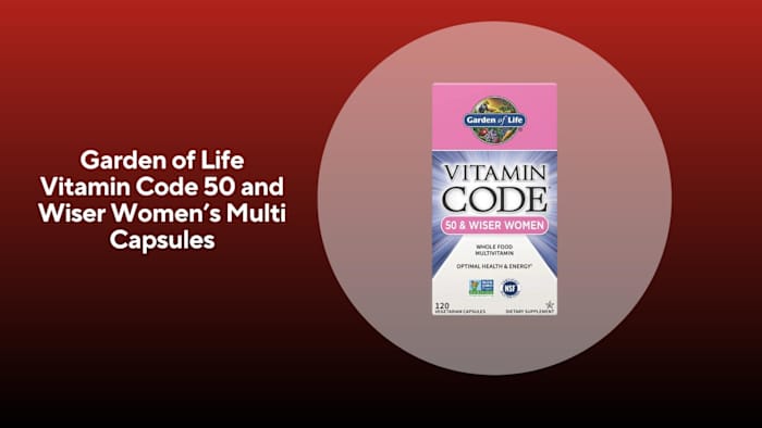 A pink blue and white box of garden of life vitamin code 50 and wiser women's multi capsules